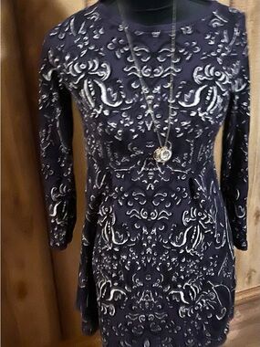 Style & Co. Navy Blue and White Long-Sleeve Patterned Dress